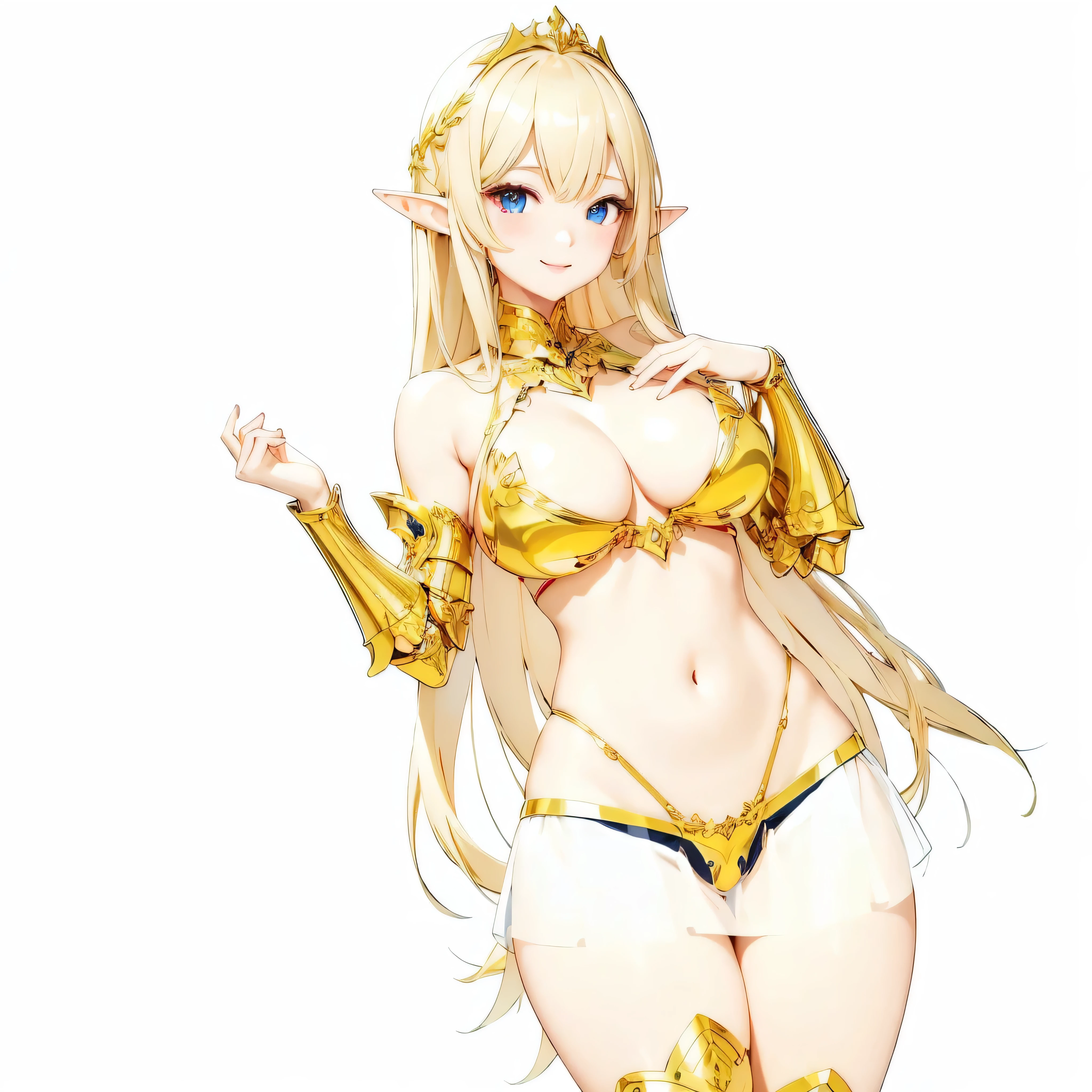 Highest quality、Very detailed、High resolution、16k、Thin contours、耳の長いElf、Nipples are visible、Shining golden armor、Gold bikini armor、Very large breasts、Extremely transparent skirt、Wearing black pants、chest proportion、Smile of the Goddess、Very white skin、Beautiful fingers、Perfect Style、Elf、No bra、Blonde hair and blue eyes、Cool smile