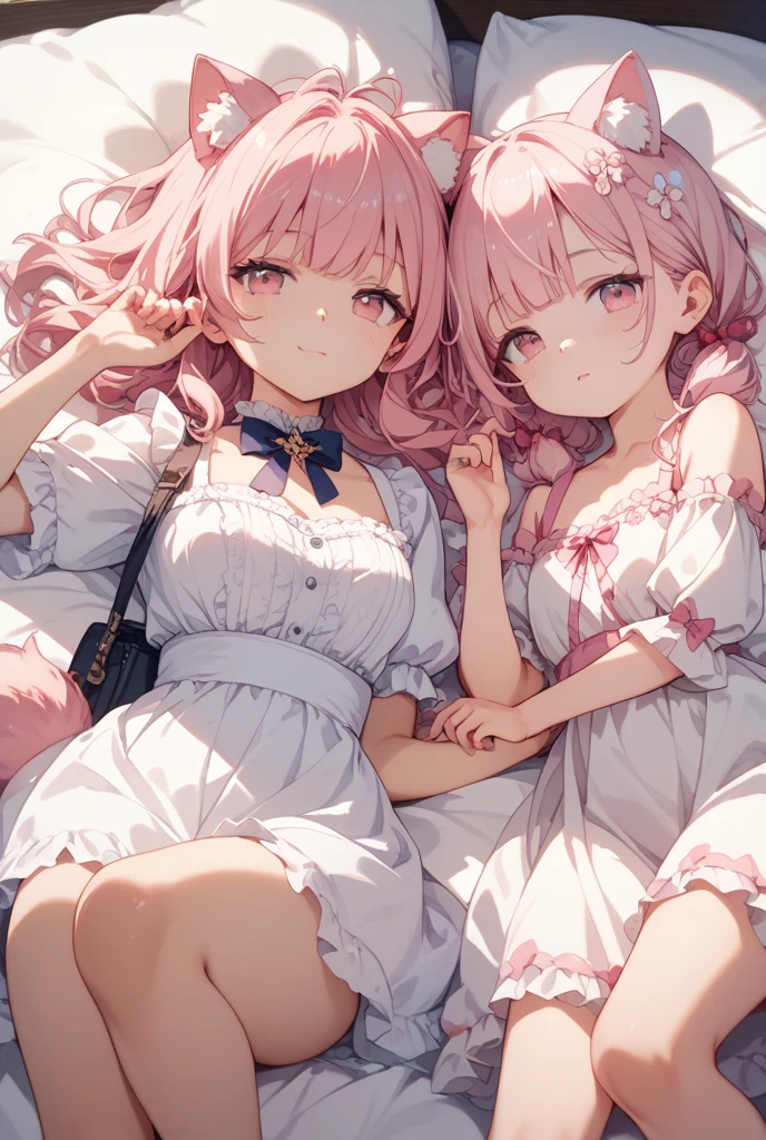 Details、ultra-detailliert、masterpiece、top-quality、Beautiful fece、A detailed eye、 (Two girls:1.4)、Two succubi、(twinsies:1.2)、(natta:1.2)、short-haired、(Pink ribbon:1.1)、(Two-side-up)、Pink tie、pink bra、耳Nipple Ring、(student clothes.1.1)、Shady face、Light pink hair、(Pink Room)、malicious smile、Bruises and ugly facial features、Young features、(Lori:1.2)、long-sleeve、(fluffy sleeves fluffy hair、(Open your mouth and laugh)、Elementary school girls、Short stature、Chiquita、Colossal tits、loli big boobs、(Put your hand on your face)、Buriko、Ruffled uniforms、hair clips、(Ridicule:1.1)、looking-down、Looking from below、Being looked down upon by girls、(Looking from below:1.2)、ultra gigantic tits、(Pink heart symbol:1.5)、(Mass of heart:1.5)、(Heart Effect:1.5)、(heart mark:1.5)、demon tail、Devil's Tail、Succubus、(ultra gigantic tits:1.3)、loli big boobs、(Tattoo of the heart:1.3)、Yodare、Devil's Tail、Boob Matching