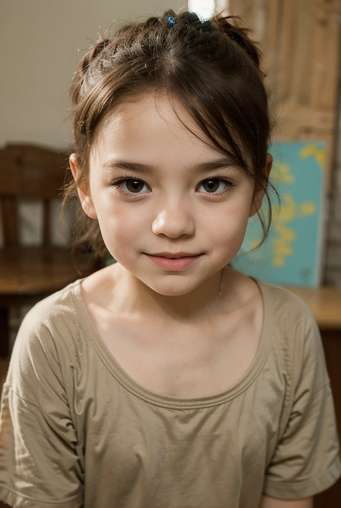 small young girl, ponytail, blonde, dark brown eyes, smirk, curious, imperfections, phone photo style, 10 year old, modern, living room, top down