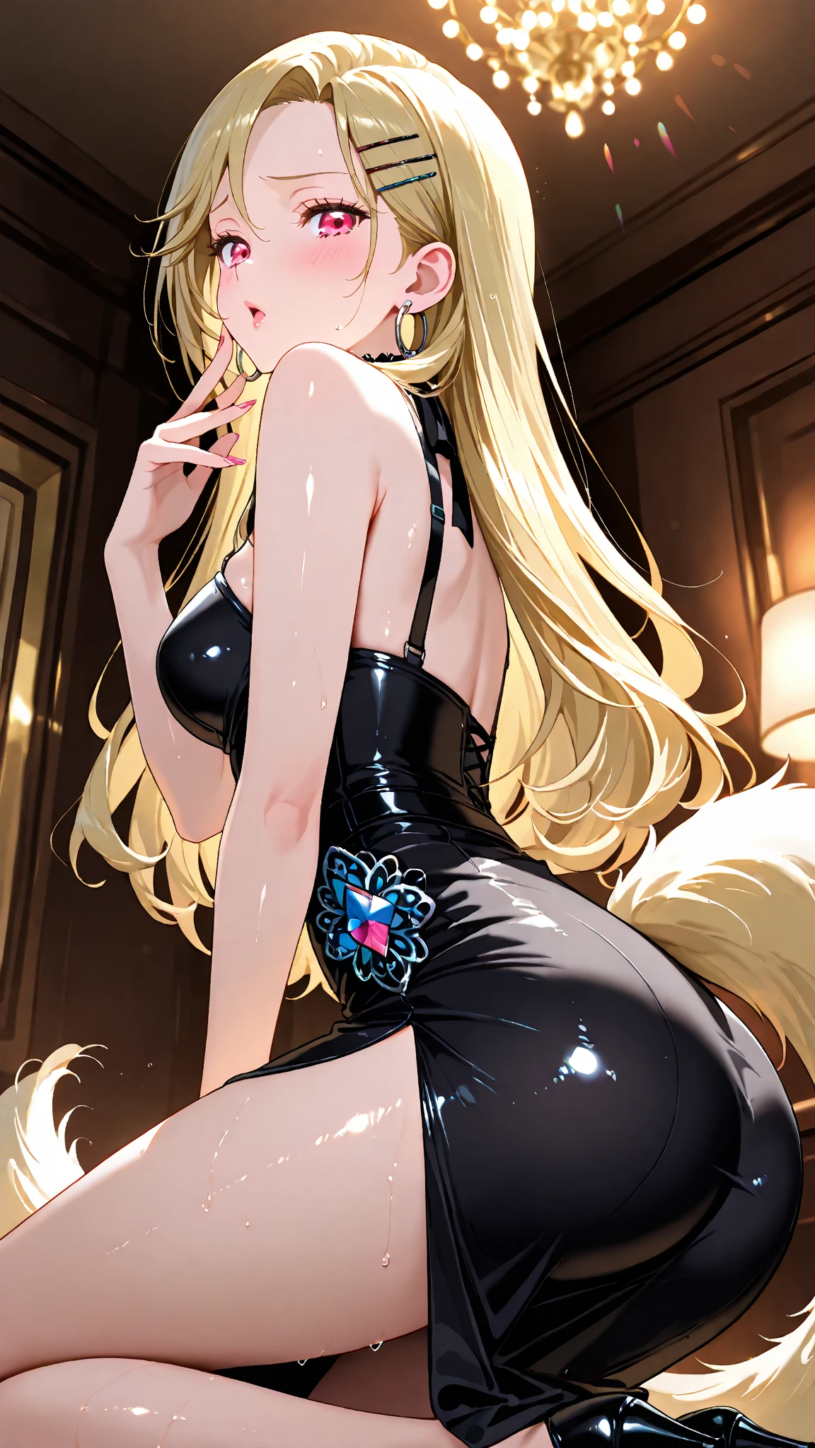 masterpiece, Highest quality, High resolution, HS1, Red eyes, Yellow Eyes, Side Ponytail, x Hair accessories,Pink is good,Hair Ribbon,Black Playboy Bunny, hair band, Bunny ears,Fishnet tights,casino,sit,M-shaped legs,True Face,blush