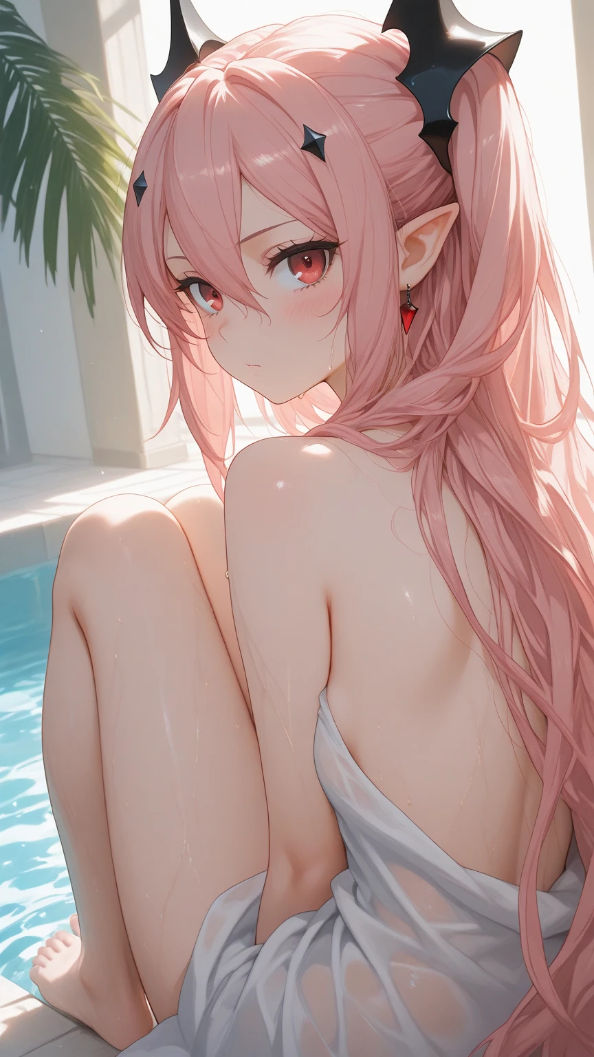 4K anime,1girl, solo, 170cm height,mitsukasa ayase, Smaller,70CM bust,With bare arms,A high resolution,Realistic, 1wall, wide angle,1girl, long hair, shy, embarrassed, blushed, wide angle, POV, (white bra, white panty), light rays, glow, (masterpiece), wallpaper,Full body like,Bareleged,Barefoot,In an indoor hot spring,Damp underwear,gentleness,ssmile,Damp body