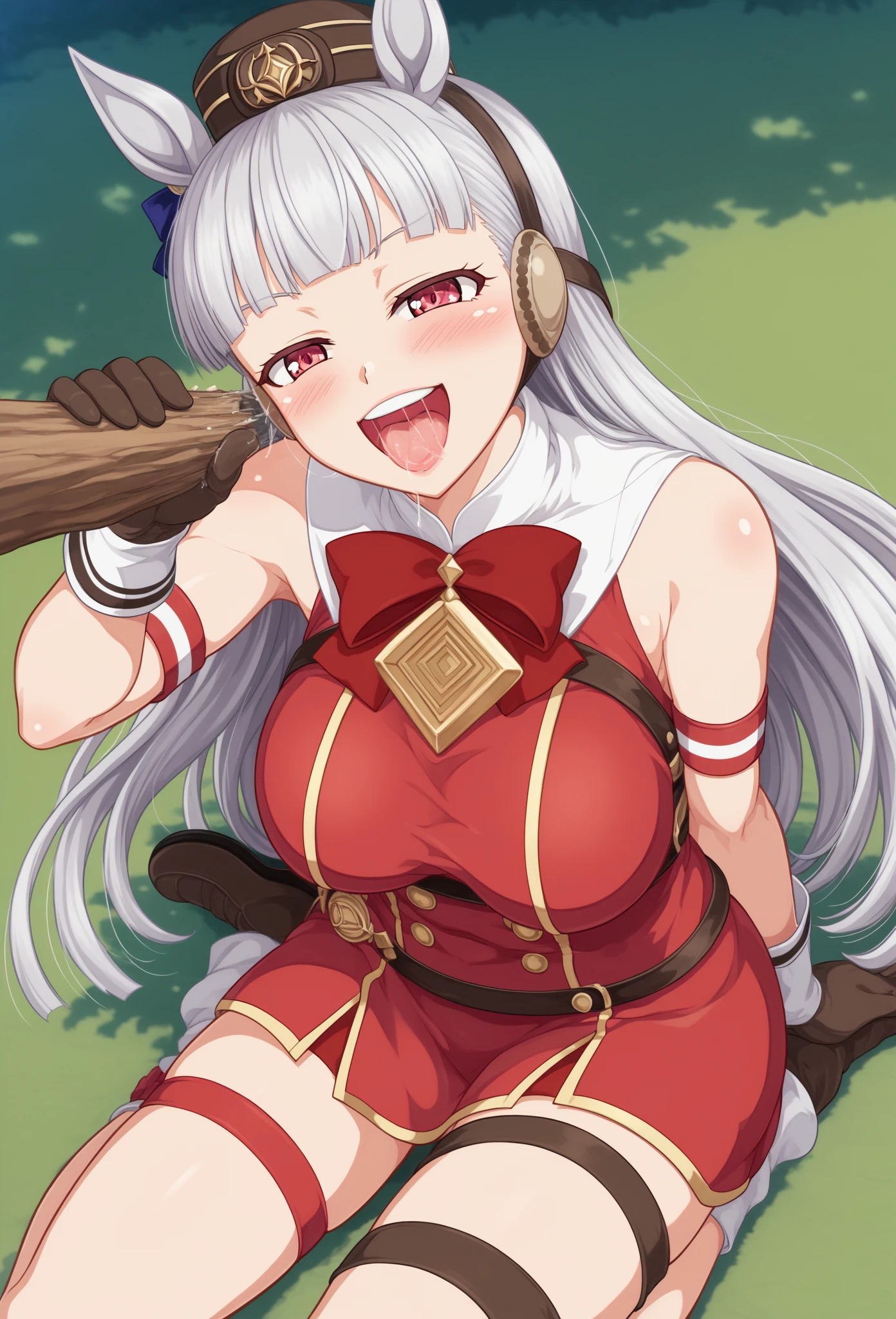 (masterpiece, Highest quality:1.2), alone, One girl, 幼いchildのゴールドシップ, pillbox hat,clothes、one piece、Knee-high socks、Horse tail,、grassland、Nature、blush、(Huge breasts:1.4)、Transparent clothes、Clothes are see-through、、Kindergarteners、、6 years old、、の小さな体、From below、Clothes get wet、Nipples are visible、Close your eyes and laugh、smile、Bow-legged、Flashy underwear、is see-through、Skirt lift、Dripping a lot of thick white love juice