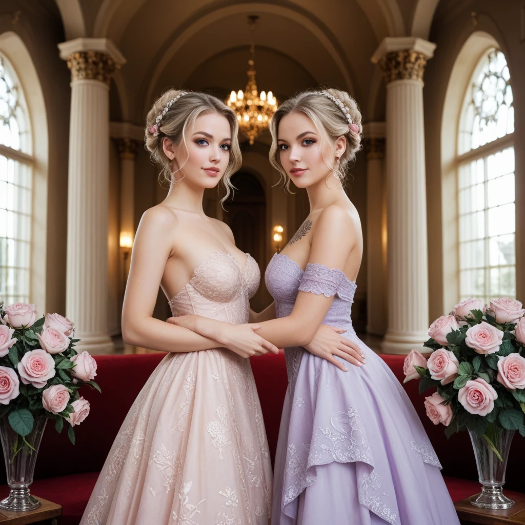 (​masterpiece, best quality:1.5), highest quality, High resolution, super detailed, Realists, Full body photo of blonde woman, detailed and beautiful eyes, beautiful detailed lips, very detailed eyes and face, longeyelashes, Woman in evening dress made of shiny satin, Beautiful and colorful makeup, elegant and noble々The jewelry bag, Gardens as background, soft daylight, bright colors, fine brushstrokes, Portrait style, Silk dress fabric, beautiful color palette, glowing skin, First-class rendering, that captures every detail, enchanting atmosphere, subtle shadows and lights, (perfect anatomy:1.2), (Two stunning women look flirtatious:1.4), (magnificent panorama view:1.2)