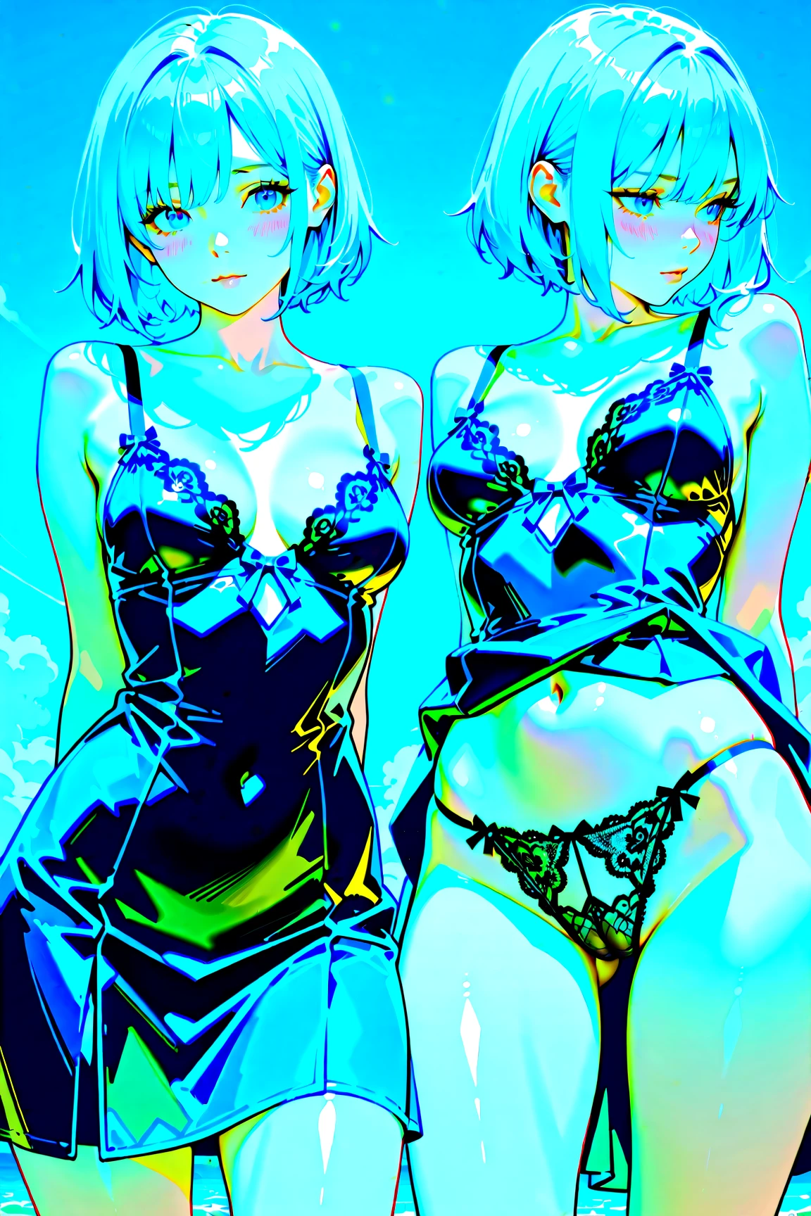 ((masterpiece, best quality)), Delicate face，knight，Standing picture，whole body，Perfect body proportions，Long legs，Handsome short hair，Beautiful silver eyes，Fantasy style，White background，Extremely beautiful，transparent，Pure white flower marriage，Sexy bikini，chain，Tattoo，Lace，exposed