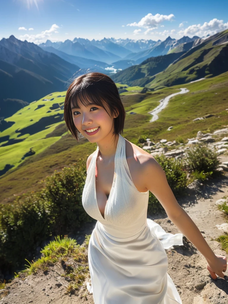 Mountain scenery, Professional director, Professional Lighting, (Highest quality,128k,masterpiece), Very beautiful face, Japanese Model, Very white beautiful skin, Big Breasts, clavicle, Ultra HD, (Photorealistic:1.1), RAW Photo, One Girl,Natural landscape, Very big breasts and big eyes, Black brown hair, Colorful silver bikini, Standing, Standing, Smile, Full body photo
