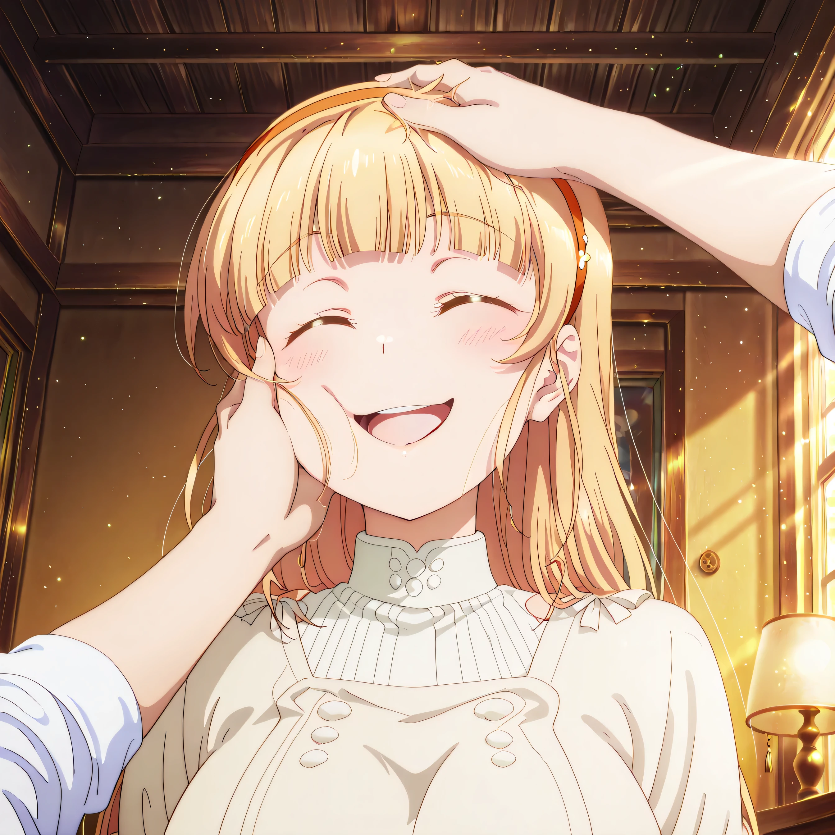 source_anime 4k , ultra-detailed , absurdres , high resolution , beautiful lighting , cinematic composition 4k masterpiece, best quality, girl, beautiful face, clean skin, shiny hair, shiny skin, beautiful face, perfect eyes, 4k high quality eyes, high quality brightness, best quality, 4k very aesthetic, absurd, perfect body quality, beautiful curves, perfect, perfect genitals, beautiful ambient light, beautiful aesthetics, very realistic scenery, 4k high quality, masterpiece, best quality, absurd, latest, high resolution, official art, best quality, absurd, latest, high resolution, official art, screenshot, anime screenshot, anime coloring, 1girl sumire heanna, long hair, bangs, blonde hair, hairband, blunt bangs, orange hairband, mature female, large breasts, <lora:pov-cheek-and-head-pat-illustriousxl-lora-nochekaiser:1>, pov cheek and head pat, pov cheek and head pat (meme), looking at viewer, blush, smile, open mouth, upper body, closed eyes, solo focus, pov, hand on another's head, pov hands, headpat, hand on another's face, hand on another's cheek, petting,