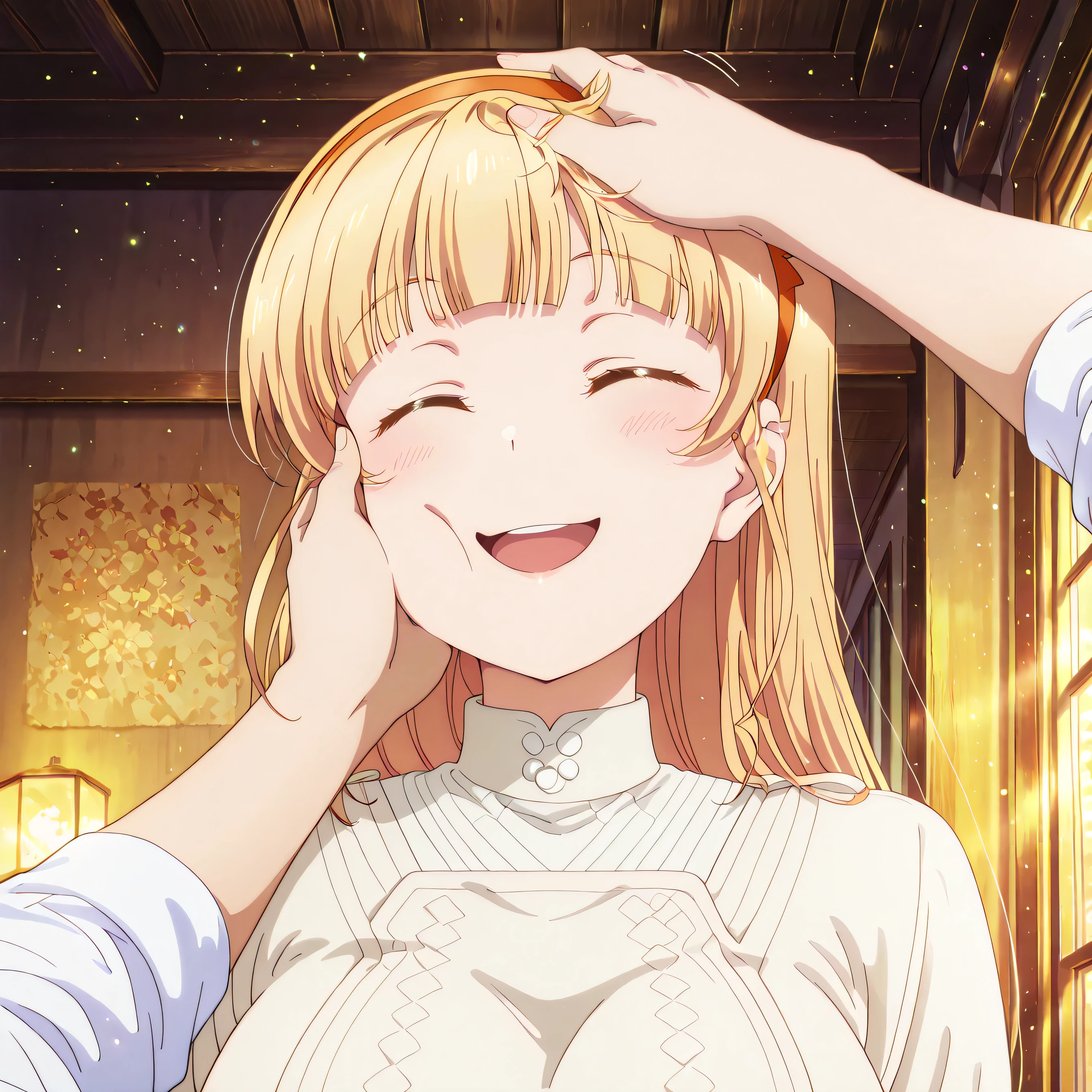 source_anime 4k , ultra-detailed , absurdres , high resolution , beautiful lighting , cinematic composition 4k masterpiece, best quality, girl, beautiful face, clean skin, shiny hair, shiny skin, beautiful face, perfect eyes, 4k high quality eyes, high quality brightness, best quality, 4k very aesthetic, absurd, perfect body quality, beautiful curves, perfect, perfect genitals, beautiful ambient light, beautiful aesthetics, very realistic scenery, 4k high quality, masterpiece, best quality, absurd, latest, high resolution, official art, best quality, absurd, latest, high resolution, official art, screenshot, anime screenshot, anime coloring, 1girl sumire heanna, long hair, bangs, blonde hair, hairband, blunt bangs, orange hairband, mature female, large breasts, <lora:pov-cheek-and-head-pat-illustriousxl-lora-nochekaiser:1>, pov cheek and head pat, pov cheek and head pat (meme), looking at viewer, blush, smile, open mouth, upper body, closed eyes, solo focus, pov, hand on another's head, pov hands, headpat, hand on another's face, hand on another's cheek, petting,