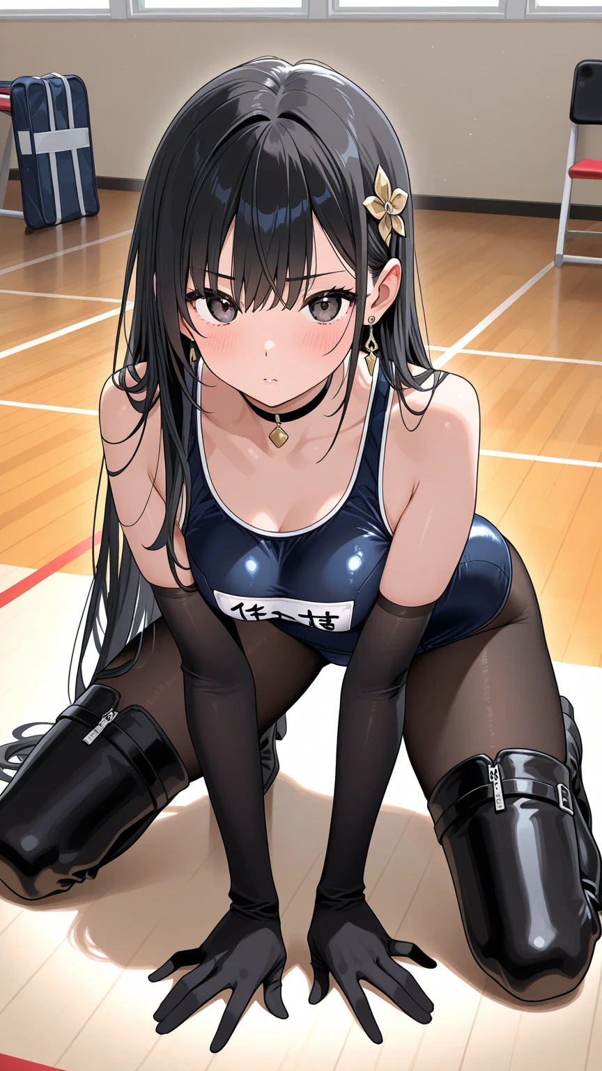 Very detailed CG Unity 8k 壁紙, Highest quality, Very detailed, masterpiece, Realistic, photo Realistic, Very detailedかわいい女の子, 13 years old,,Small breasts Long hair、(Shiny latex leotard),(A very high cut leotard),blush ,gym,Front view, Full Body Shot,(膝を立ててgymに座っている),(Sitting with one&#39;s crotch sticking out),(膝を立ててgymで座っている),