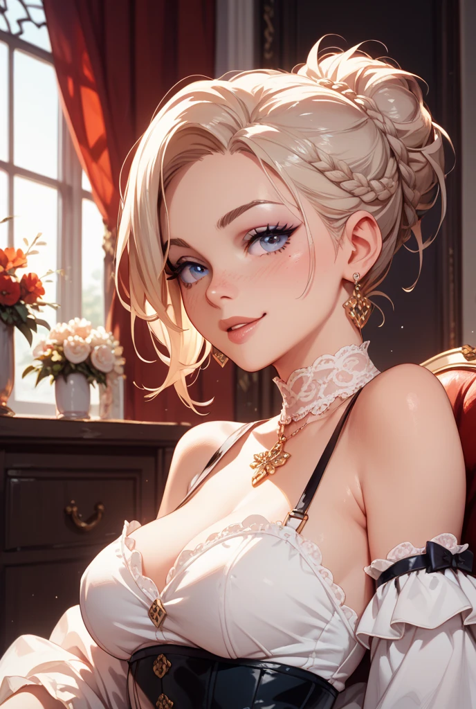 (best qualityer, ultra detali, photorrealistic: 1.39), Face of a naughty 29 year old teenager, beautfull woman, (mellow), pale white skin, red cheek, blush, bright and vibrant colors, studio lighting, romantic expression, perfect large breasts, shoulder straps, plunging neckleace, during, (black gown), luxurious dress, clavicle, neckleace, luxurious, (beautiful round breasts:1.2), (thighs point of view), Wind blowing hair, bright coloured, dynamic lighting, ((face detailed)), long  white hair, bangsss laterais, bangss, Wavy hair, (wire braids), hair clips, hair over eyes, yellow cat eyes, attractive eyes, Glossy lips, pose sexy, beautiful roses, smiling with confidence and seduction, Posing for a professional photo shoot, Shallow depth of field, soft natural lighting, Creating a dreamy and magical atmosphere, In the living room, Romantic dinner, Table and chairs, candles, and petals in the air, seductive pose on the chair