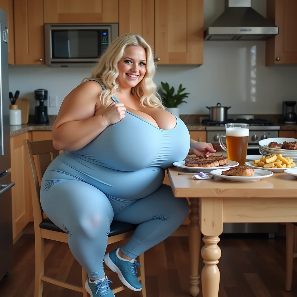 a chubby bottom heavy pear shape hourglass BBW blonde gravure idol sitting at a restaurant eating, she is sitting at an restaurant with a table in front of her eating lots of food, she is eating lots of food while sitting at a restaurant with a table in front of her, she wearing a skimpy spaghetti-strap bikini top with tiny cups and a tight mini-skirt, she smiling sarcastically, she has a chubby round belly and insanely wide hips too, she has a thicc hourglass plus size figure, her boobs are gigantic, her boobs are humongous, her cleavage and side boob overflowing out of her top, her hips are enormously wide, her hips are huge, her hips are massive, her hips are insanely inflated, she has soft chubby arms, her arms are flabby and chubby, enormous breasts, humongous breasts, obscenely large breasts, ridiculously large breasts, extremely massive breasts, bulging breasts, overflowing breasts, massive hips, extremely wide hips, enormous hips, thicc hips, gigantic hips, very bottom heavy figure, very pear-shaped figure, milf figure, she has a chubby round face, she has chubby cheeks, she has plump cheeks, she has a chubby face, side-rolls, love-handles, muffin-top, overflowing fat, bulging fat, jiggly belly, fat belly, plump belly, chubby belly, eating, she eating, eating food, she has blonde hair and a round youthful face, she has a proud smirk on her face, she has a proud smile on her face, realistic skin, realistic textures, realistic skin textures, realistic skin lighting, realistic fat, ultra-realistic fat, realistic curves, realistic plumpness, realistic lighting, realistic face, ultra realism, realistic quality, high definition, very hd, realistic fat, realistic skin, there is a table in front of her with lots of food, she is sitting down with a table in front of her eating, there is a table in front of her, she is leaning forward, she is leaning on the table, she is leaning forward on the table, she is raising one arm, she is stretching one arm
