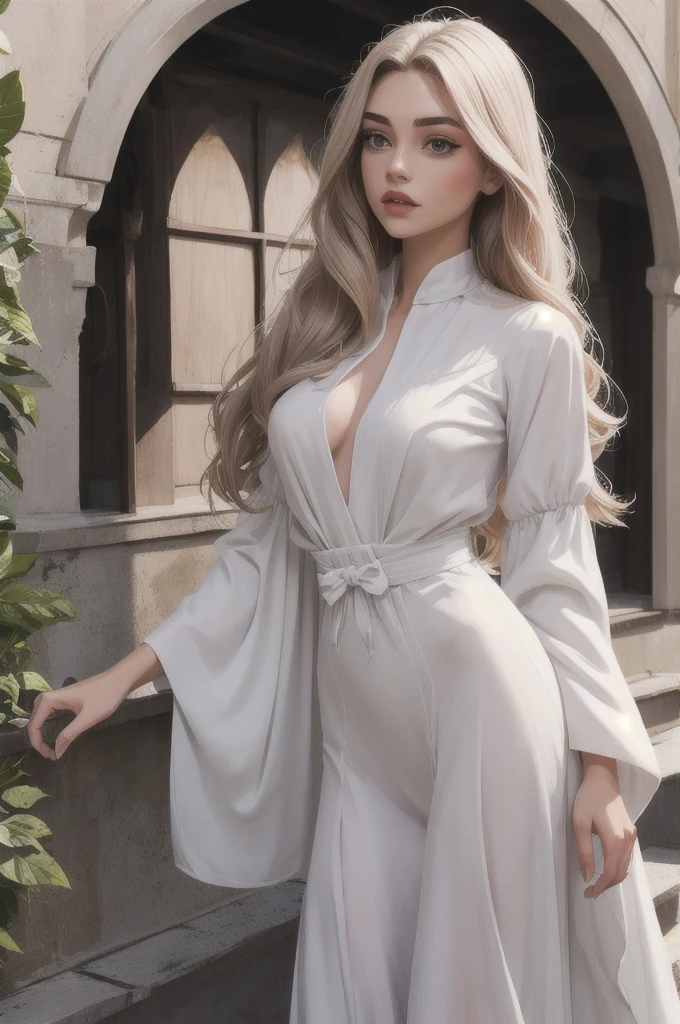 masterpiece, Highest quality, (alone focus), (Perfect Face:1.1), (Attention to detail:1.1), (Ultra-detailed eyes), dramatic, A woman with white skin and long, voluminous white hair, White eyes, alone, Long Hair, moon, night, White luxury suit, Large Breasts, Arrogant look, rose園, Detailed Background, Art by artgerm, Cinema Lighting, rose, fashion, Balenciaga Style