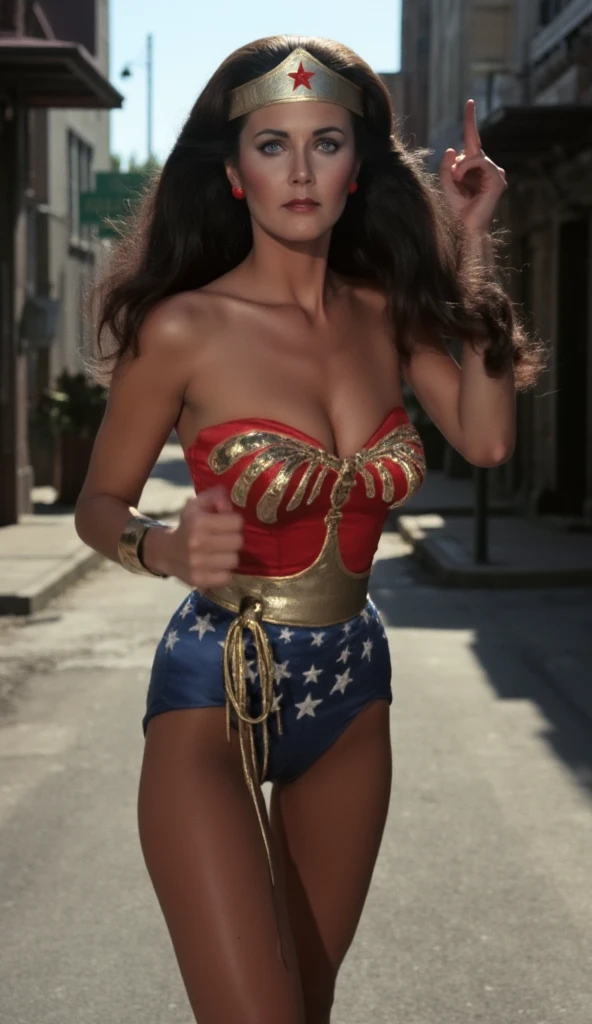 Masterpiece, Best quality, (Solo), (1girl), (photorealistic1.4), (epiCRealLife:1.0), (large breasts), (cleavage), (European model),, (g4lg4d0t-v2 Gal Gadot). (lynda-carter-ww-costume), (black hair), (blue eyes), (earring), (demure), (lynda-carter-ww-costume bodysuit),, (lynda-carter-ww-costume tiara), ((armored bands), (red lipstick), , (spotlight), (daytime), (daytlight), (natural light), (bright), (on New York Street), (close up), (pose for pictures), (look at viewers),