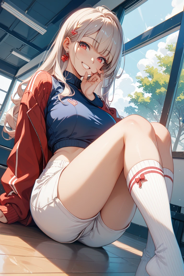 underdressing,Camel toe,shy,Red Eyes,Sweat,Soaked,liquid,transparent,Expression of disgust,Sitting