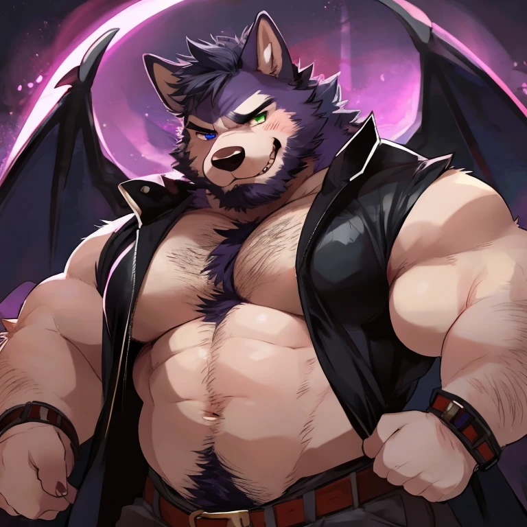 PRO competitive bodybuilder, nj5furry, (Lucario, 16 years old, massive, huge, muscular, Gigachad), Lucario, YOUNG FACE, TEEN, ((extremely realistic shadows, masterpiece, extremely detailed, photorealistic)), kemono, looking at the viewer, ((FRONT)), murderous look,  Lucario, ((detailed face)) nose, red eyes, ((detailed eyes. RED EYES.)), skin, fur, hair, mane, height 3 meters high, the optimal height, tight clothing, 300 lbs, body full of huge muscles; muscle and bulge pecs, huge pecs, ((massive pectorals)) ((huge pectorals)) ripped abs, V-shaped body, thick waist, long legs, strong arms manly, handsome face, attractive cool calm face type with a mischievous smile, topless. Ruined temple of the gods, night, moon, stars, nebula, clouds. Reveals huge, muscular thighs, bulging biceps. A muscular bodybuilder in the making. A potential PRO competitive bodybuilder and bulging neck. Huge muscular thighs, round buttocks and round butt, voluminous buttocks ((Back)). look up view. Close up Look, look up view.