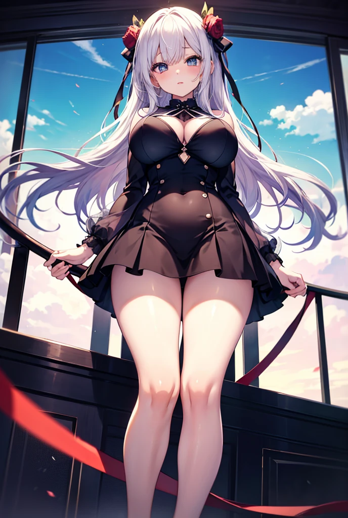 (solo 1 (thin little girl:1.5) standing in forest:1.3), (she is surrounded by white magic circles:1.3), (standing with the heels together:1.4), loli, (bending back:1.5), (disproportionately gigantic perky breasts:1.8), (show off full cleavage:1.3), (frilled white shirts with open chest wide:1.2), shirts with cleavage cutout, BREAK, large eyes, (expressionless:2.0), BREAK, (thin long legs:2.0), (straight legs:1.5), too thin waist, (arms behind back:1.2), BREAK, (absurdly long white straight hair:1.4), (blunt bangs1.2), BREAK, (long inky-black thighhighs:2.0), BREAK, (short black capelet:1.5), (very short black high-waist skirt:1.3) cinches waist too tight, (blowing wind upward:1.3), (thigh gap:1.2), (squirting out excessive pussy juice:1.3), BREAK, looking at viewer, open mouth, full body, floating magic circles, light circles, landscape, broad field, masterpiece