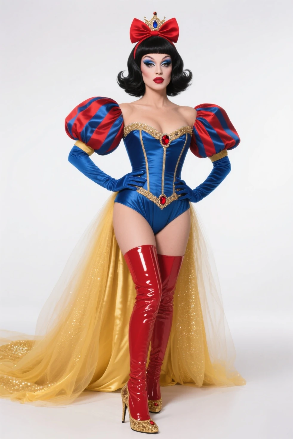Beautiful European woman, wearing snow white cosplay, blue silk corset, red silk cape, yellow silk pleated skater skirt, silk leggings, short black bob hair, red hairband, masterpiece, photorealistic, amazing detailed face,, (((thick thighs))), wide hips, hourglass figure, innocent, naïve, cute, small breasts, dynamic pose, blushing,