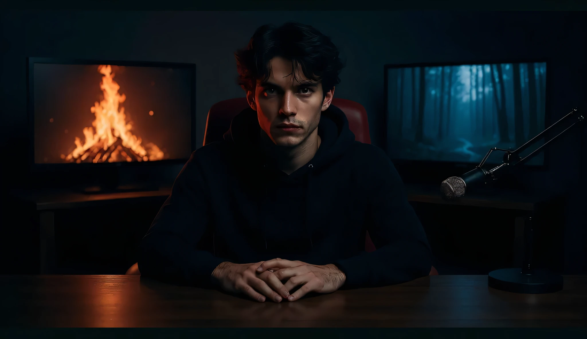 Create a photorealistic image of a real human—not stylized, cartoonish, or 3D. The person from the reference image should be placed in a cinematic podcast scene: sitting at a wooden desk, with two monitors in the background—one showing a warm, realistic campfire, and the other showing a misty forest. A podcast microphone is in front of him. He is wearing a plain black hoodie with no logos or text. Keep the person’s real human facial features, skin texture, lighting, and expression exactly the same as the reference. Lighting should be cinematic, low-key, and realistic—no smooth plastic skin, no AI-looking faces. This image must look like a real photo taken with a DSLR camera in a real environment.