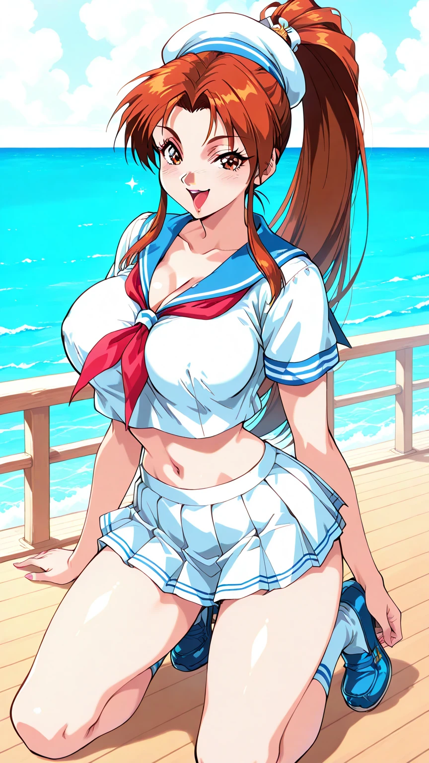 score_9, score_8_up, score_7_up, rating_safe BREAK
1girl, ;p, makeup, blush, braided ponytail, red hair, brown eyes, forehead, medium breasts, oversized clothes, pleated skirt, see-through cropt top, choker, looking at viewer, blue bikini, from below, navel, soles, leg up, barefoot, toes, (underboob), beach