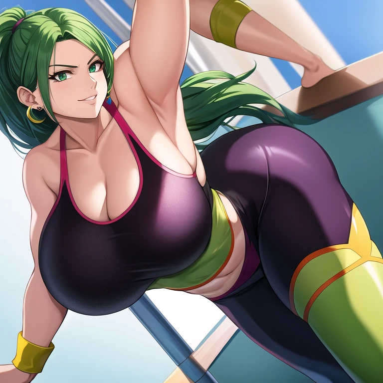 chloe \(fire emblem\), elbow gloves, yoga pants, sports bra, big breasts, 1girl, solo, Sitting, On the floor, Split Horizon, stretch, horizontal splits, stretch regs, hands on floor, smile