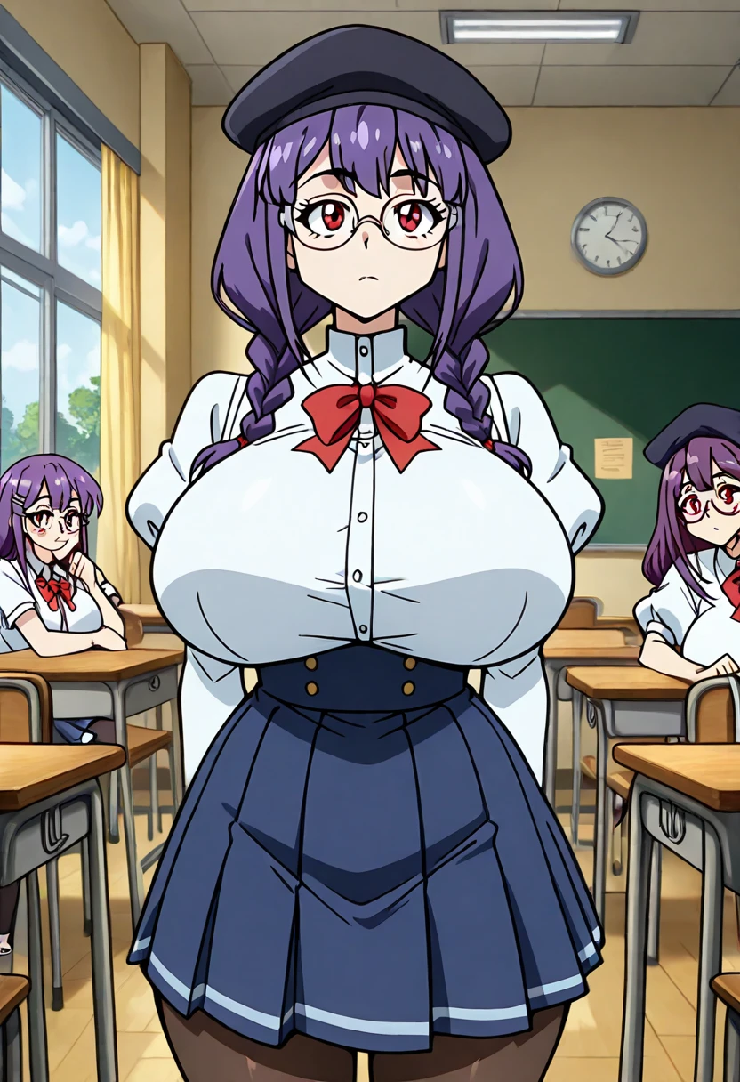 (1girl, 1old man:1.6), (girl and old man paizuri:1.8), Anime cel drawing style, masterpiece, Best Quality, High resolution, nsfw, cowboy shot:1.6, (gigantic breasts:1.6), shirt lift, panty shot, fear, Purple hair, Bangs, Side Ponytail, Hair Ornament, highleg panties thong, bra, classroom, White sailor suit, Short sleeves, red neckerchief, (1girl 1old man paizuri:1.8),