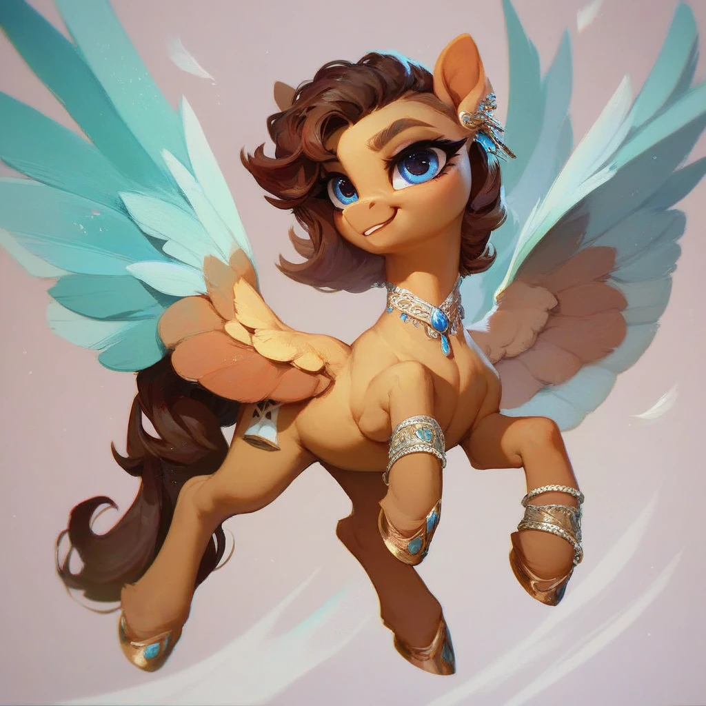 score_9, score_8_up, score_7_up, score_6_up, score_5_up, score_4_up, full body, simple background, feral pony, female pony, hungry body, teenage pony, ((standing on all fours)), show accurate, light white skin, black hair, messy hair, curly hair, wavy hair, short hair, grey eyes, adorable face, pegasus wings, wings of the same skin color, unicorn horn, horn of the same skin color, horn in the center of the forehead, alicorn, freckles on the body, freckles on the face, 