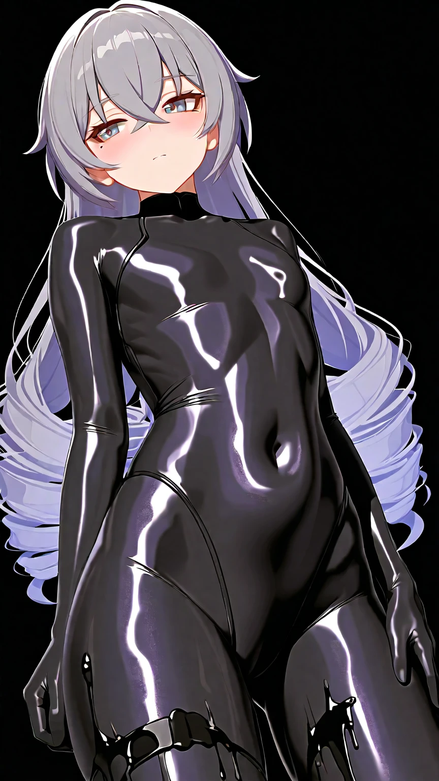 Sexy asian woman, silver hair, stringy body suit, sexy, thong, big butt, biew from behind , anime style, black background, t shirt design