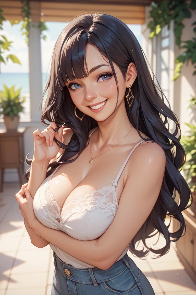 (8K、highest quality、masterpiece:1.2)、Super detailed、super resolution、Realistic、(1girl) 、(black hair)、long hair,straight hair,black eyes、forehead,squatting,(face focus,cowboy shot),(white bra white panties only)、(grin:1.3),open mouth、cute face,blush、large breasts,(simple background),