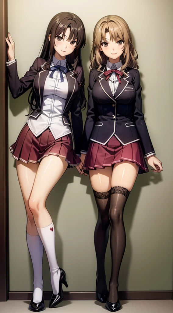 a masterfully detailed painting of two identical twin girls with curly brown hair,hazel eyes,medium-sized busts,sexy school uniforms consisting of blazer,lace sections,ribbons,rainbow short skirts,white thigh-high socks,black high heels,posing seductively with matching outfits,bright flat colors,duo pose,full body