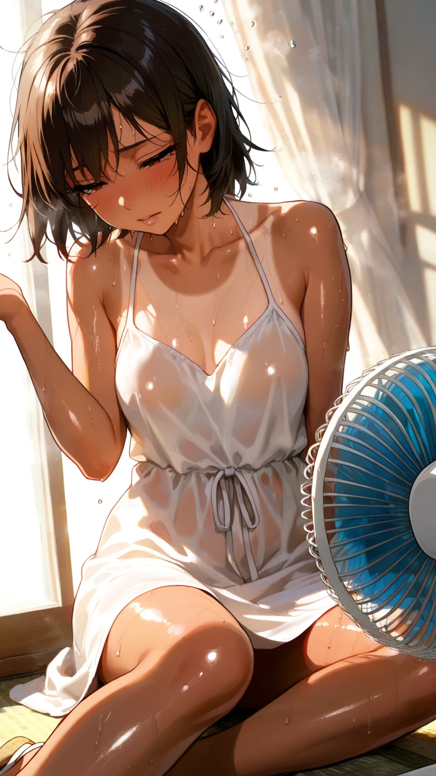 absurdres, highres, best quality, (electric fan:1.3), electric fan, 1girl, wooden floor, white dress, barefoot, clothes lift, panties, floating hair, hot, closed eyes, from below, close-up, indoors, window, sunlight, summer, large breasts, see-through, relaxed, depth of field, wind, wind lift,<lora:Concept - Electric-fan:1>, fox ears, red hair,