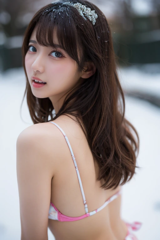 (10 years old) ,girl、(Bunny ears headband)。(Random Nudes),Exhibitionism,((Random exposure of genitals))。 Beautiful areola。Small breasts. Thin Hair。(On top of a snowy mountain). Detailed and complex background。((Light Brown Hair))。(Round face). ((Straight Long Hair)). 可愛いsmile. Idol's face. Smooth Hair. Thin Hair. White skin. ((Open your arms and let go)). fun,smile