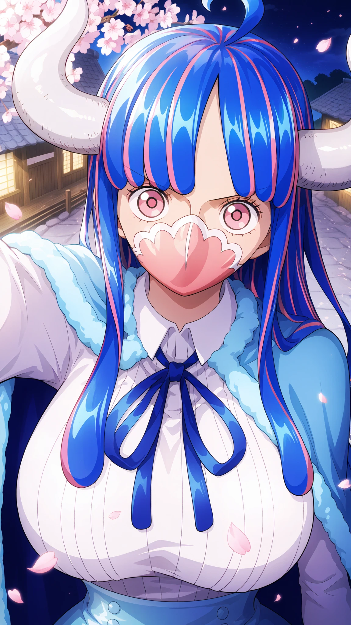 ulti,one piece
High quality , best quality , masterpiece, High Resolution , detailed face( LoRA: ulti),anatomically correct, detailed hair Style( LoRA: ulti),anime Coloring
solo, 1 girl,
long hair, multicolored hair, blue hair, ahoge, white horns, pink eyes, mouth mask, pink mask, large breasts,
blue cape, neck ribbon, ribbed shirt, white shirt, long sleeves, high-waist skirt, blue skirt,
looking at viewer , close-up,upper body,from above
, Japanese-style house,night, Cherry blossoms
,smile,wide eyes