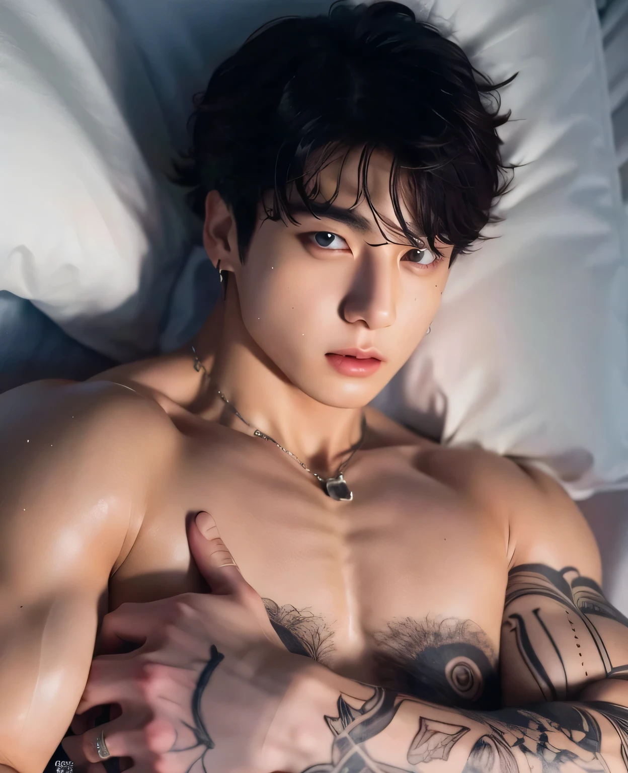 v-shape of face, handsome Korean teenager, 18 years old, blue hair, muscular body, topless, tight white slack pants, laying down on bed, huge bulge tight, oily skin, white skin, body hairless, looking viewer, very sexy, photograph, realistic, horney face