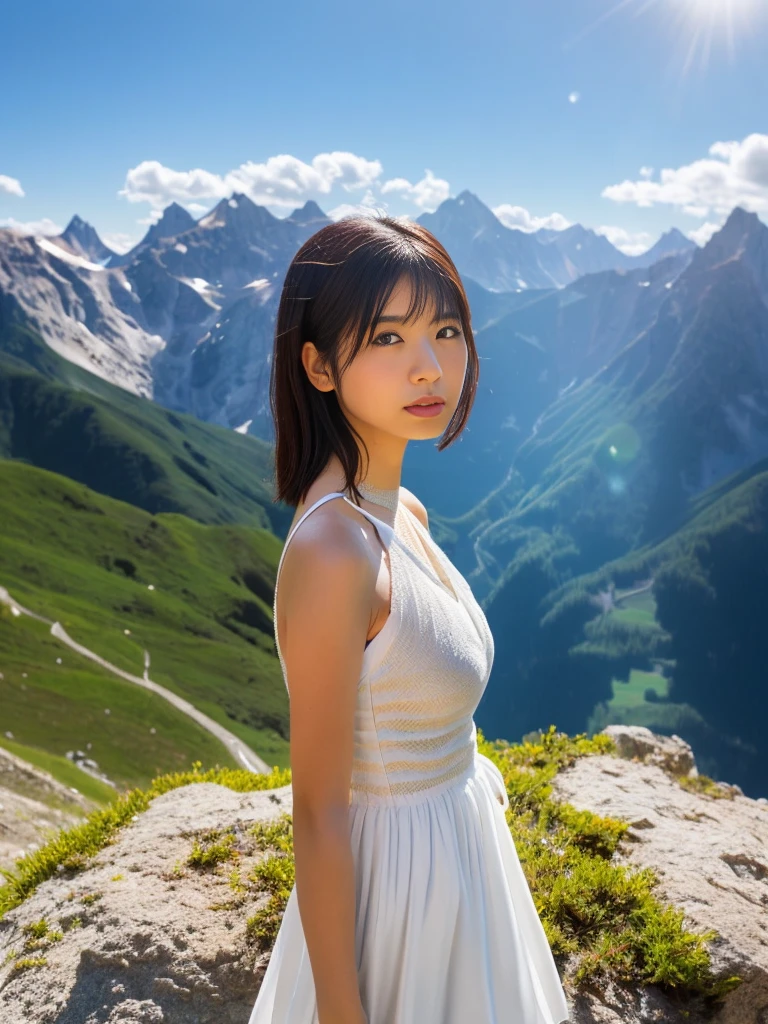 high-level image quality、Camera image quality、plateau、Long black hair、teens girl、Stretching out、mountain hut