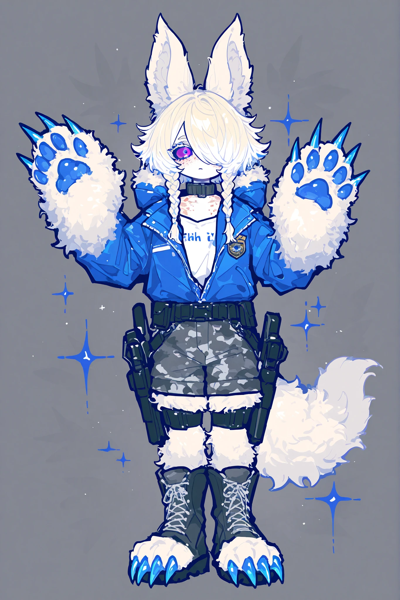 (metacarpal pad, claws, detailed paws, blond paws, rabbit paws, (4) four paws) The blond werewolf girl is a hare furry. She has loosening longest messy fluffy blonde hair with silver
highlights, decorated with a several minibraids. She has a fluffy bangs over one eye, hiding half of her face. She has a big fluffy blonde pompom-like hare tail and longest hare ears on her head. She has five-fingered paws with claws. She has crimson fuchsia eyes. She has tanned skin covered with many freckles and birthmarks. She is wearing a white blouse with unbuttoned collar, gray camouflage shorts, and military ankle-high boots. She wears a distinctive blue jacket with fur on the hood and with a green forest ranger patch on the sleeve.
She has a holster with a service pistol on her belt. In the background: The forest reserve is full of flowers and ferns. in the forest are many tall centuries-old pine and redwood trees.