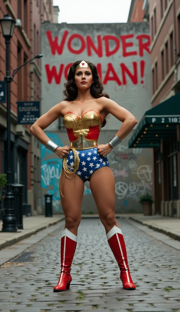 a photo of a (lynda-cart3r-ww-t2), (lynda-carter-ww-costume), medium breasts, ((30 years old)), smiling, (full body), natural skin texture, standing in a street, ((boots)), 24mm, 4k textures, soft cinematic light, adobe lightroom, photolab, hdr, intricate, elegant, highly detailed, sharp focus, ((((cinematic look)))), soothing tones, insane details, intricate details, hyperdetailed, low contrast, soft cinematic light, dim colors, exposure blend, hdr, faded<lora:lynda-carter-ww-costume:1>