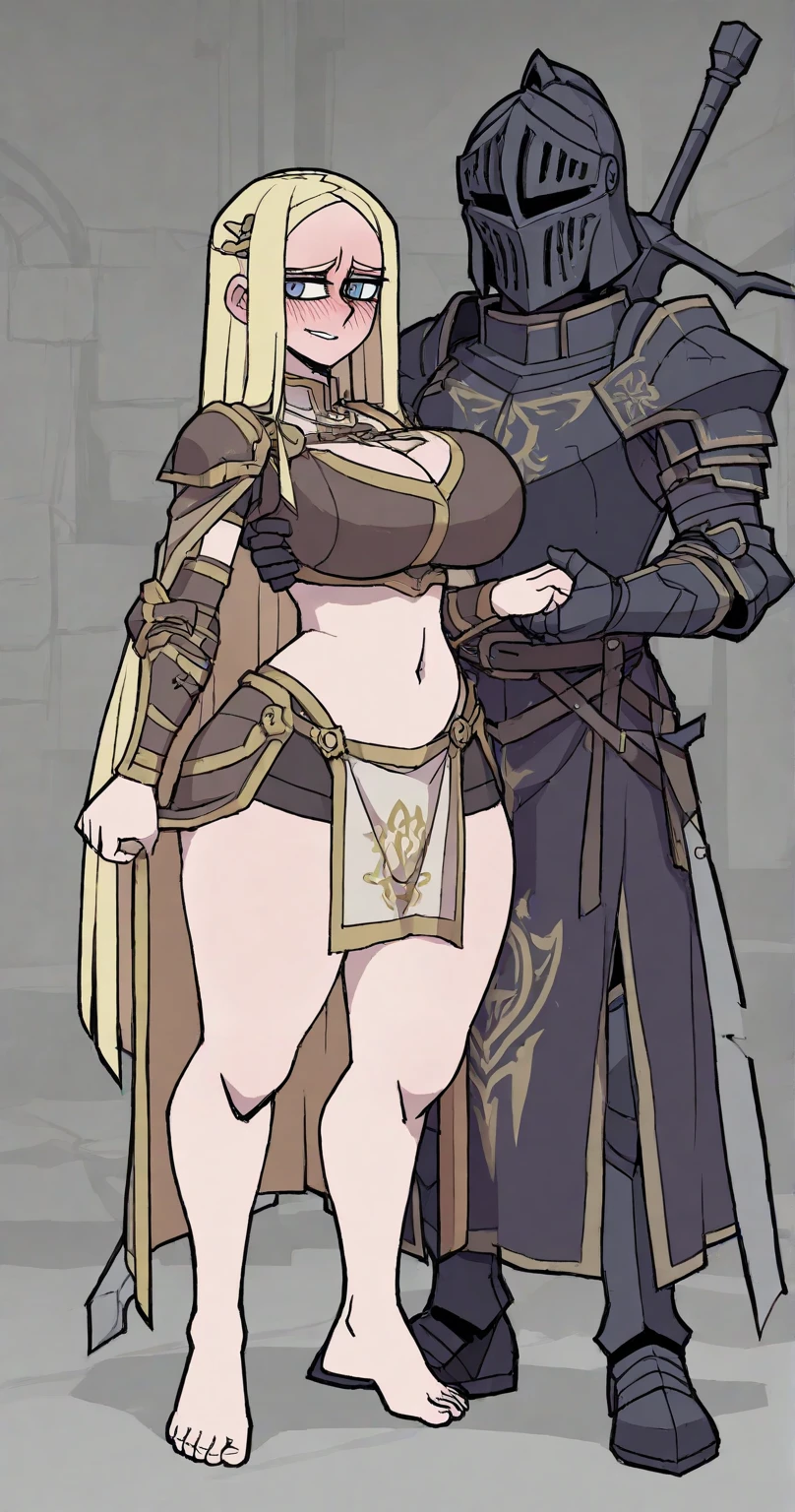 mother and daughter (mother: wide hips, elf pointy ears, full body, standing, revealing armor, curvy, huge breasts, bikini armor, blonde hair, ponytail hairstyle) (daughter: shortstack, small girl, wide hips, elf pointy ears, full body, standing, revealing armor, gloves, black hair, bob cut hairstyle, bikini armor)