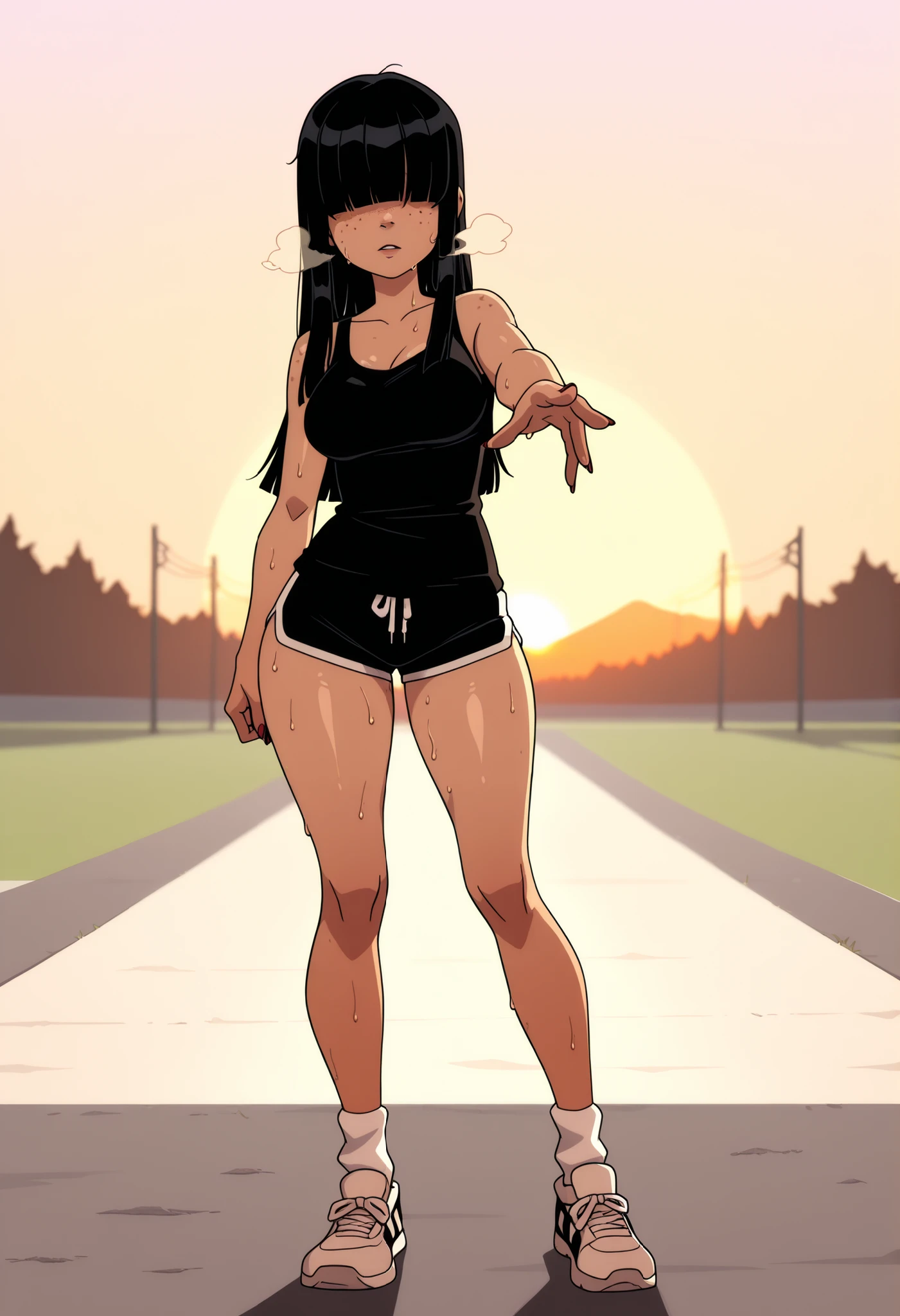 hotify, a girl running in a park during the sunset. she is wearing shorts and a pink crop top. She has short black hair. There are palms in the background.