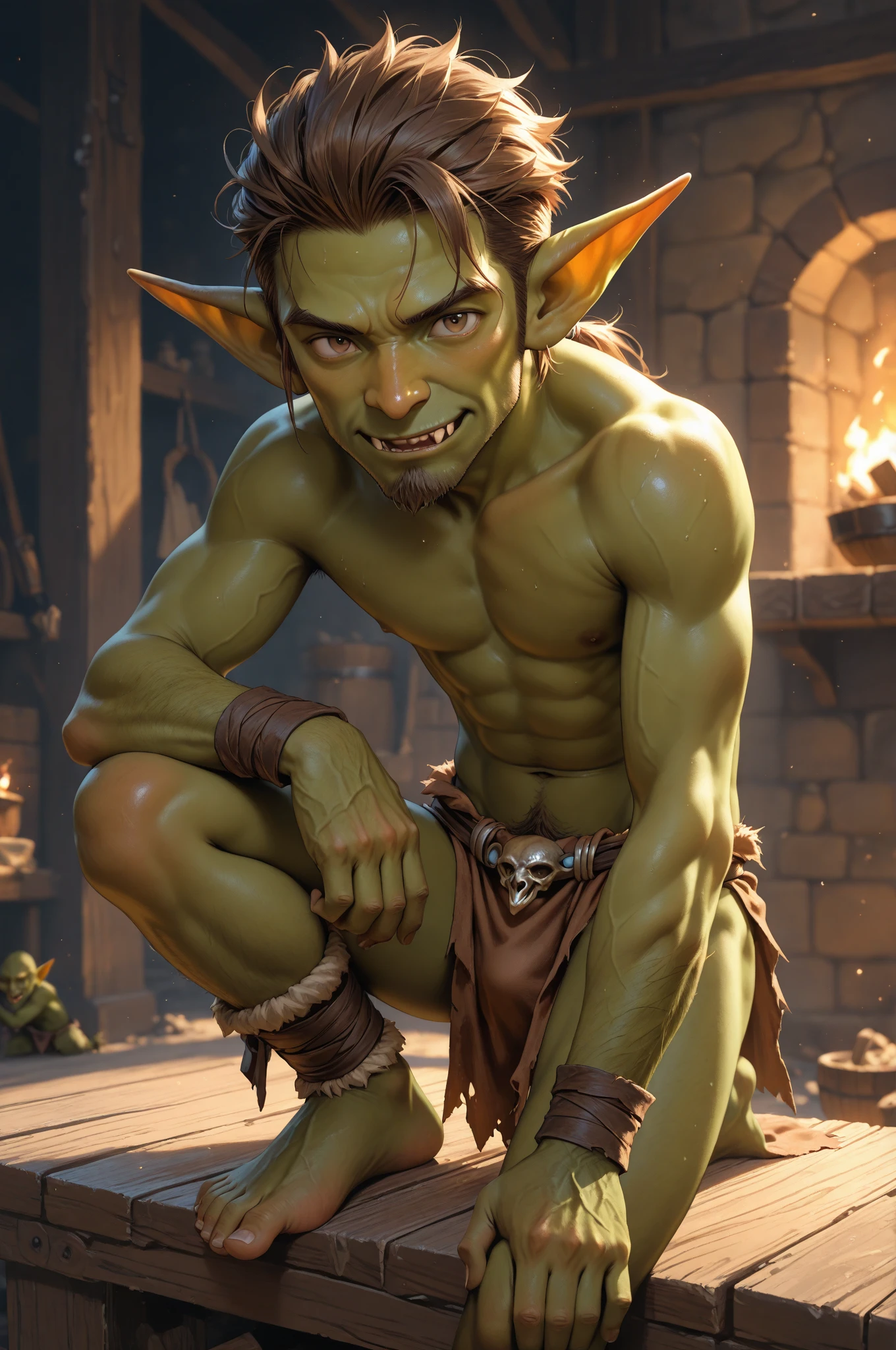 An elf sorcerer with green hair, golden eyes, holding a smiling skull with a fireplace behind him
