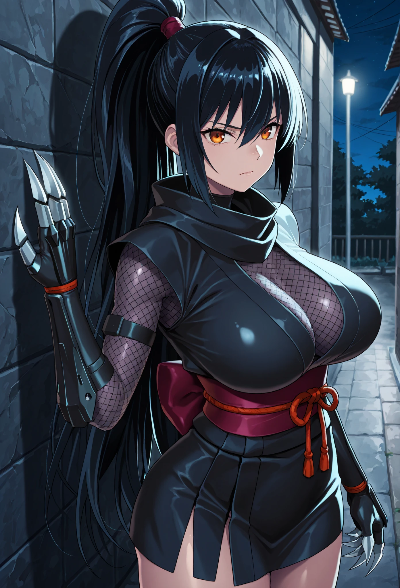nekomimi girl, kunoichi, detailed arms, elongated arms, cat ears, tail, tall woman, black hair, red eyes, detailed hands, detailed feet, high quality colored sketch, red background, ultra detailed, 8k resolution, brown leather vest, brown skirt, no shoes, standing, red scarf, ninja accessories, deep shadows, sharp focus, yandere, dynamic angle, sadistic expression, empty eyes