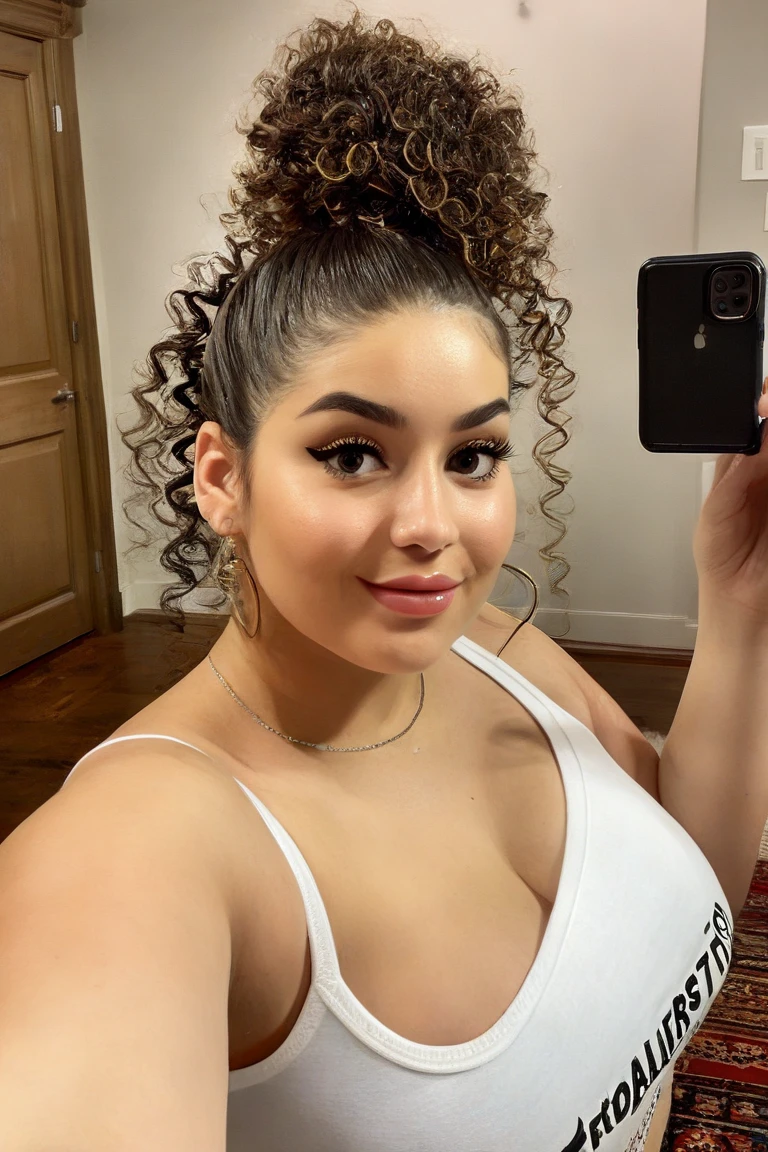 there is a woman taking a selfie in a mirror, greasy hair, frizzy hair, in her hair, messy curly hair, hair is the focus, her hair is in a pony tail, curly hair, a black man with long curly hair, her hair is white, text and a pale young woman, her face framed with curls, tessa thompson inspired, Big tits, huge tits , no clothes, sexy, cute, minimal clothes, thick, bbw, chubby stomach, thick nipples, nipple piercings, large areola, hard nipples, piercing through shirt, nipples hard through shirt, busty, major cleavage, naked, ripping through top, spilling over sides, bra too tight, giant , extra wide hips, upper body zoom in, showing off huge , fat stomach, see through top, fat bbw, large areola showing, major cleavage, latina, down to stomach, wide hips, sexy, upper body zoom, thick arm, showing off , top half only, showing only upper, only a bra, showing off cleavage, naked, big  showing, big  out, no clothes