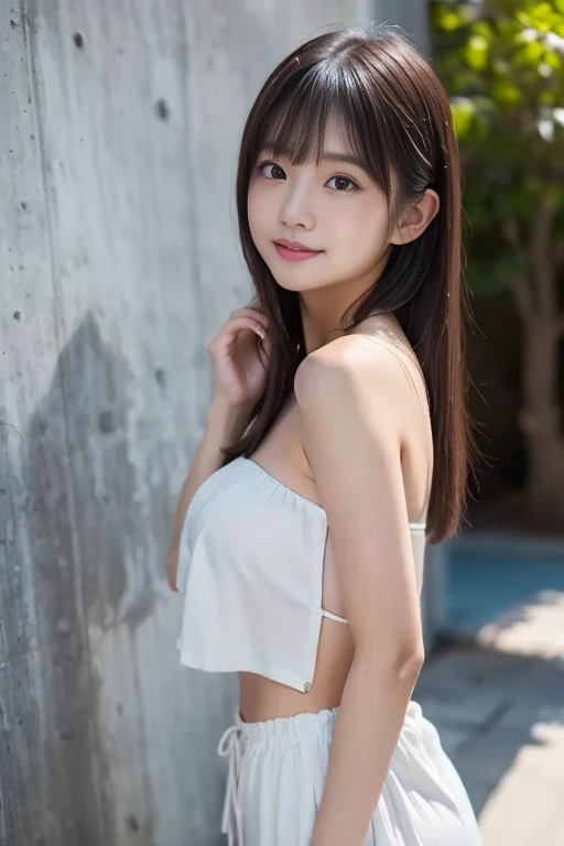 Outdoor, Looking at camera, 1girl, Cute, Sitting, (Smile:1.15), Natural makeup, (Small:1.1), Fine eyes, (Eyelashes:1.1), (cleavage:1.1),Knee socks, (Back arm: 1.4), (upper body: 1.6), see-through,