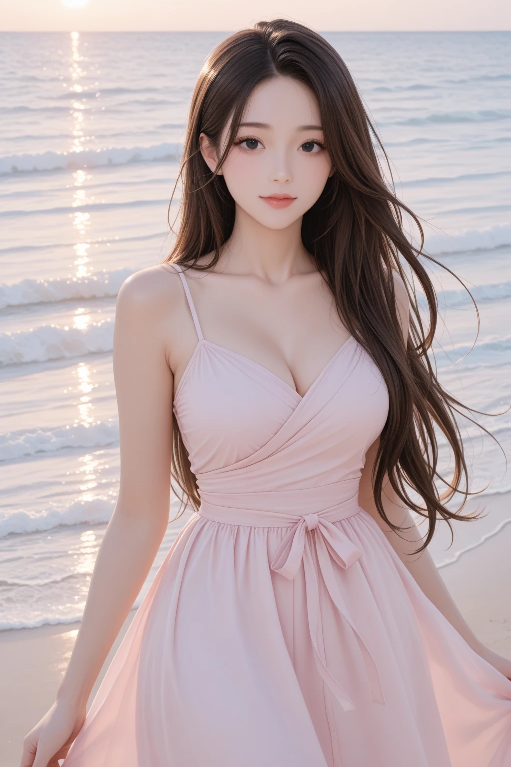 a 20 y.o girl in a Slip Dress, ((kpop idol)), (aegyo sal:1), huge breasts, perfect breasts shape, ((cameltoe)), bare butts, platinum pink short ponytail, pale skin, ((puffy eyes)), looking at viewer, heterochromia eye, tulle shawl, 1 mole below eye, thick eyebrows, freckles, small waist, wide thighs, thigh gap, beach, coastline, wind, waves, see-through, 8k uhd, dslr, soft lighting, high quality, best quality, ultra high res, (photorealistic:1.4), film grain, Fujifilm XT3,