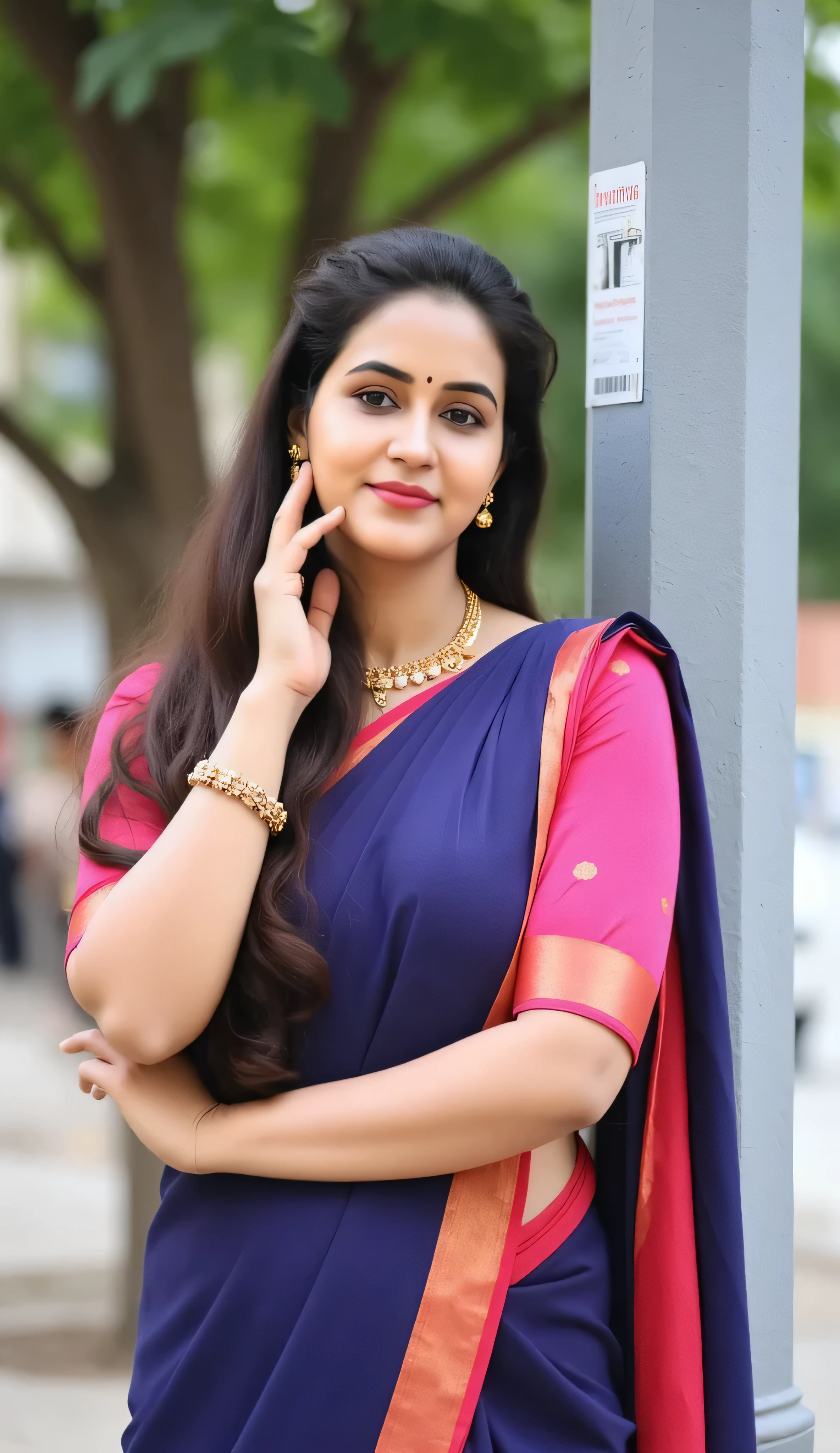 Indian beautiful woman sexyi , Heavy traffic on road,facing to camera in standing position leaning to light pole of the divider ,She standing on a road divider with heavy traffic by side people looking at her from there cars, posing for camera leaning on light pole of the divider, She is wearing a red stain conservative ethnic blouse ,Her breast are curvy,model wearing blue color transparent silk saree with golden border,plenty golden colour bangles in hand, big golden colour rings in fingers,wearing golden colour waist chain, showing deep navel,golden colour with big whit pearls choker in neck,red dark lipstick,bindi on fore head,with her curvy legs,curvy figure,big large m-cup breasts