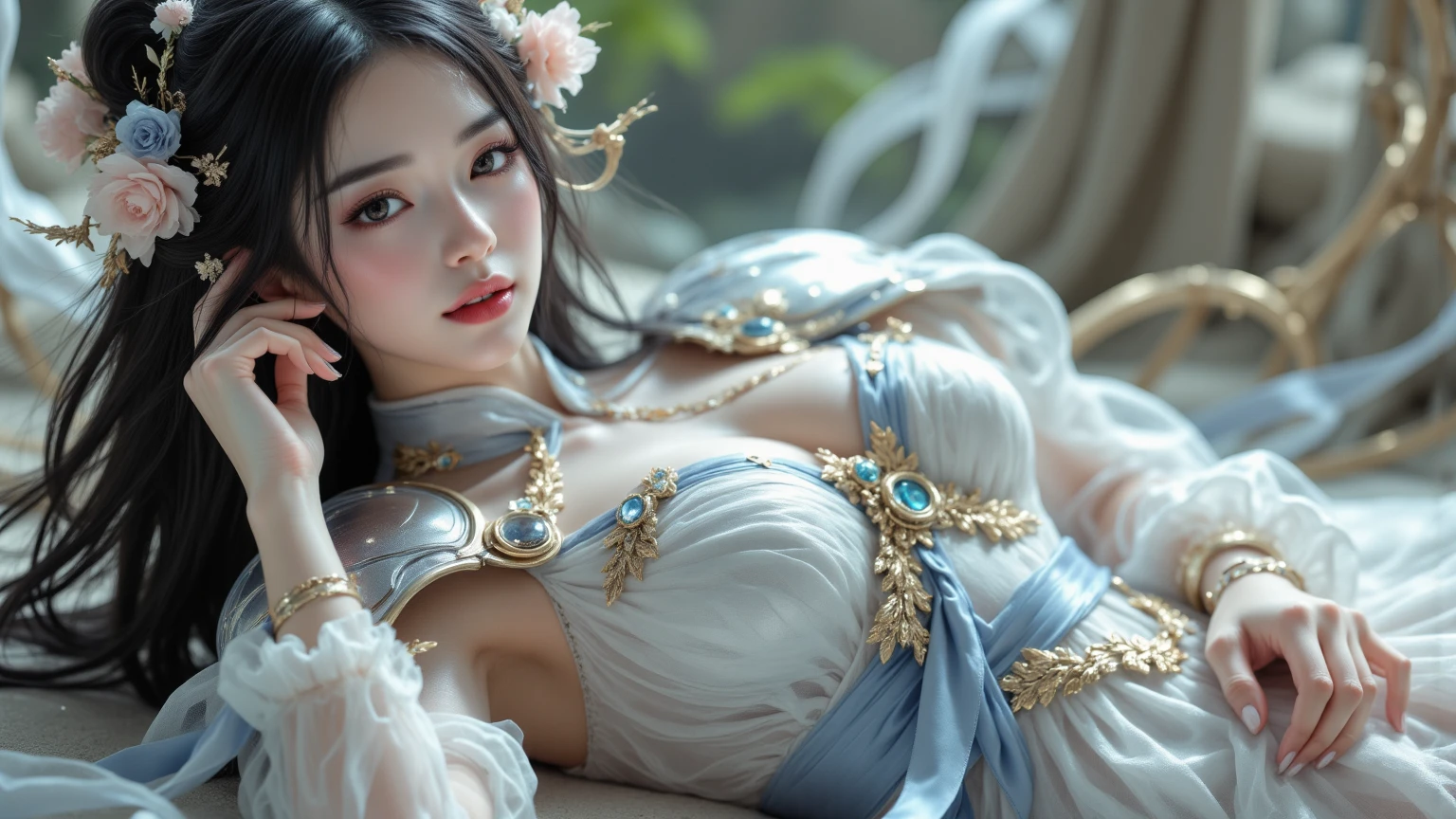 (8K, quality, tmasterpiece: 1.2), (actual, realisticlying: 1.5), 1 girl, cute big breasts, sitted, external, (ssmile: 1.15), huge shutdown), 美丽詳細な目, (translucent tiny dress: 1.3), accentuated hips, full bodyesbian, (最高quality)), (ultra - detailed)), no underwares, cute big breasts背景, Fluttering, naghty face, beautiful detailed body, pa forward, 詳細な目, (Best quality at best)