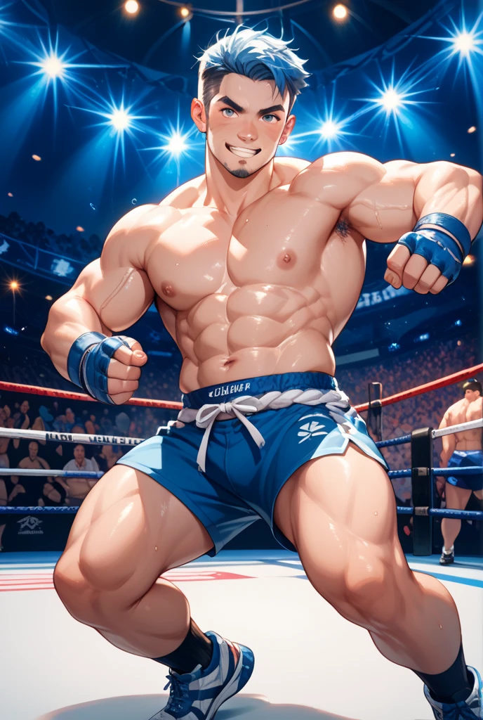 ((Best Quality, 8K, ultra-detailed, Masterpiece: 1.3)), 1boy, shiny skin, sharp, Perfect Body Beauty, realistic shaded perfect body, (cute baby face:1.1),("wrestling wear, big bulge ":1.2),(dynamic pose:1.1), thigh , bedroom , (bulge focus:1.2)