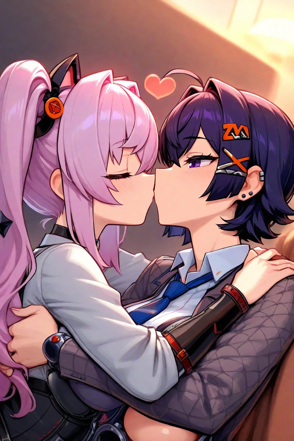 masterpiece, best quality, unity 8k wallpaper, illustration, ultra-detailed, (<lora:happy_kiss_v1-000008:1.2>, happy kiss, 2girls,ponytail, ),(train station,Bustling city),close up
