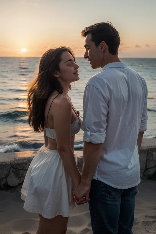 A high perspective, wide screen, analog film style image depicting a European couple celebrating Valentine's Day at a beach sunset, enhanced with love symbols like hearts. The scene is viewed from an elevated angle, looking down as the couple stands close together on the sandy beach. The man is tall with short brown hair, wearing multiple bracelets and a necklace, dressed in a stylish shirt and jeans. The woman is medium height with long blonde hair, wearing an elegant dress. The background sunset is vibrant, and floating hearts are subtly integrated into the scene, adding a romantic flair.