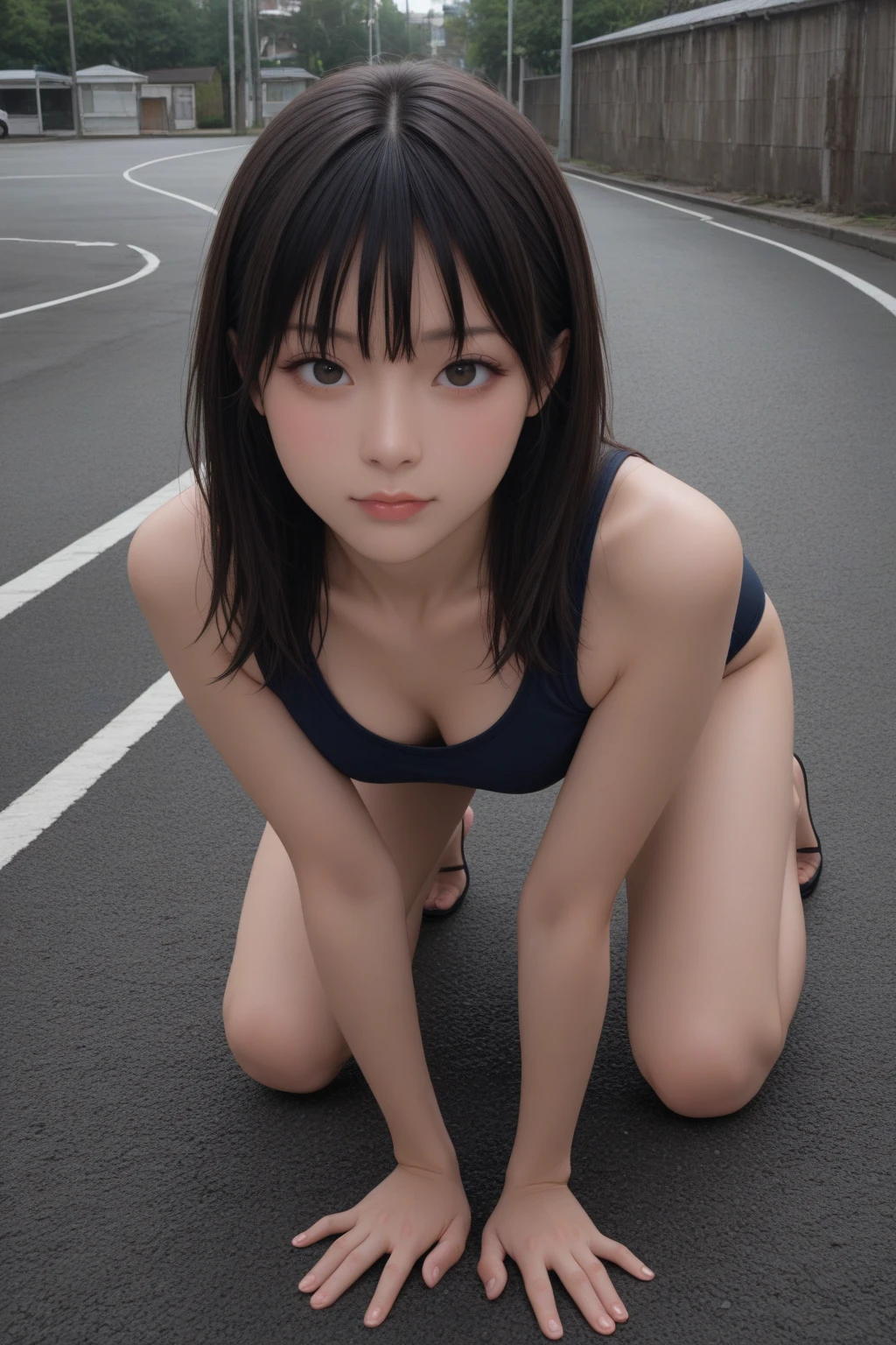(Hyperreal), (Illustration), (High Resolution), (8k), (High Detail), (Best Illustration), In the Park, Plump Breasts, Plump Ass, School Swimsuit, Competitive Swimsuit, Whiplash, (Plump) Plump Body, Plump, Wearing Bloomers, Athletics, Crawling on All Fours, Yoga Pose, Topless, Ecstatic Look, Small Underwear, Protruding From Underwear, (Beautiful Detail Eyes) , (best quality), (super detail), plump body,, (detailed face), solo, (dynamic pose), wearing a suit, light underwear, wet and sheer underwear, thin underwear, small underwear, underwear visible, wearing a skirt, large areola, small underwear, protruding buttocks, pubic hair sticking out, one leg raised, 30 years old, very troubled face, long eyelashes with mouth wide open, very big buttocks, long legs, huge, bumps in the nipple area, rubbing breasts, dark hair, squatting, open legs, very thin underwear, legs spread from side to side, underwear shifted,