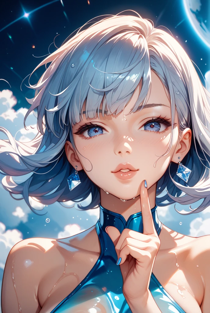 best image quality, anime style,fashion magazine cover, pastel color theme, beautiful face and skin, (1 adult female), cleavage, thin face, short cut hair, blown by the wind, silver hair, glossy lipouth tightly closed))、shining eyes, slanted eyes, model pose, focus on the whole body,detailed pattern,bikini, choker, polygonal background,