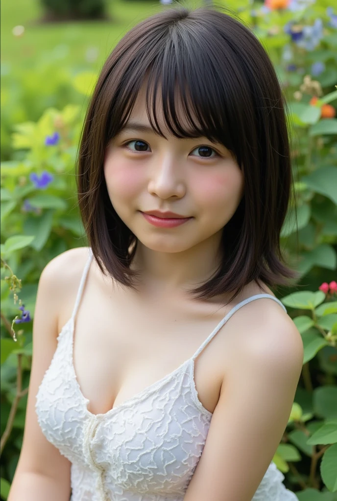 (masterpiece, Highest quality, RAW Photos, ), Movie Scenes, Midday Forest, (Natural light), beautiful girl in summer dress, (White Dress), Natural light, beautiful girl, (Beautiful Eyes, Thin eyebrows, Rouge), (Fair skin, light makeup), (18-year-old), With bangs, Brown Hair, (Hair swaying in the wind), light makeup, Cute Face, Innocent, Natural pose, Mouth open、Close ~ eyes、ecstasy, orgasm